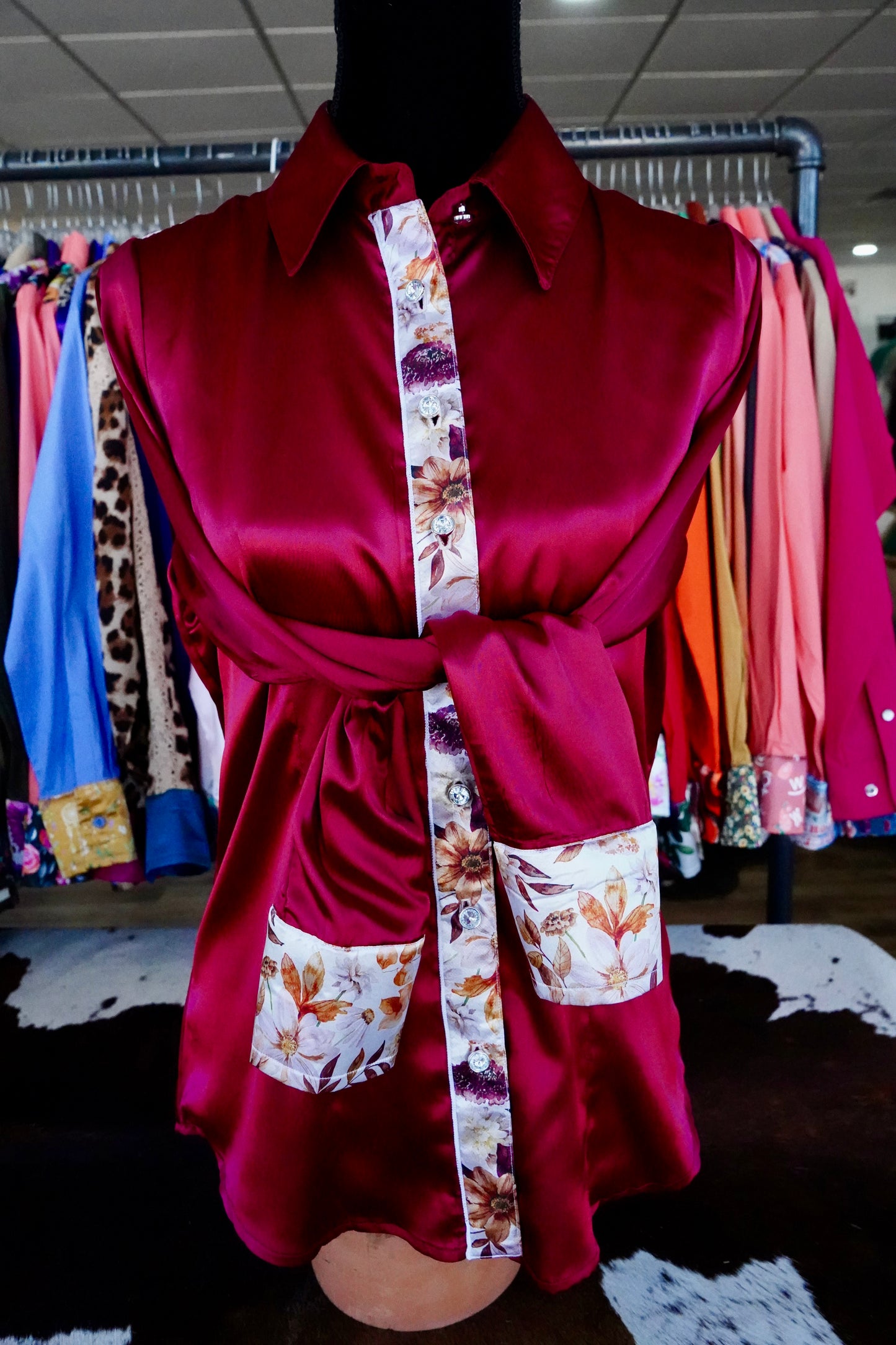 S - Watercolor Autumn Floral on Maroon Satin Button Down