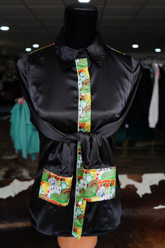 S -Triple 7 on Black Satin Button Down