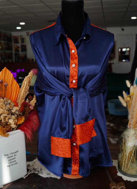 3XL - Navy Satin w/ Rust Cheetah Button Down