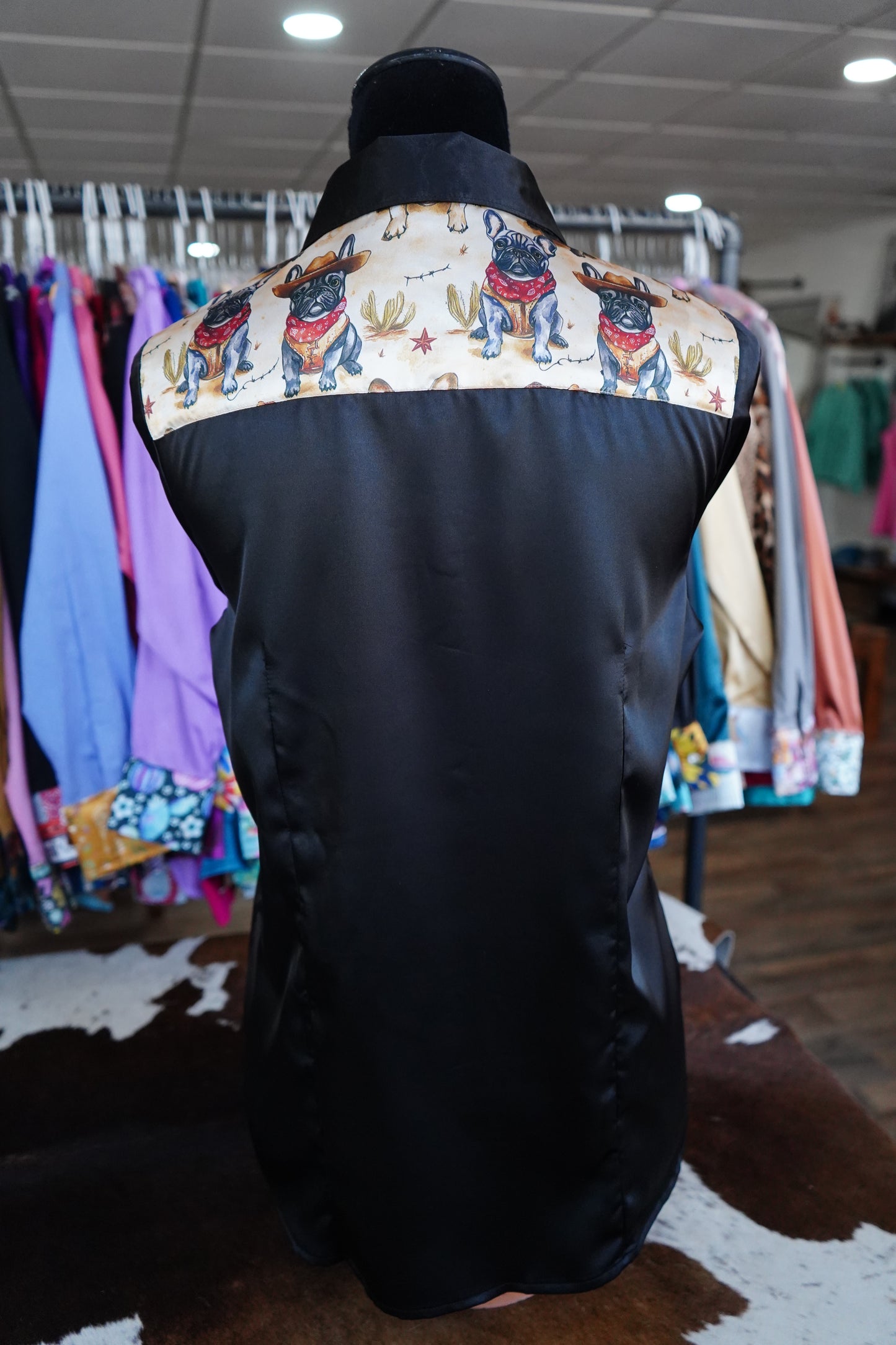 L - Cowboy Frenchies on Black Satin Button Down
