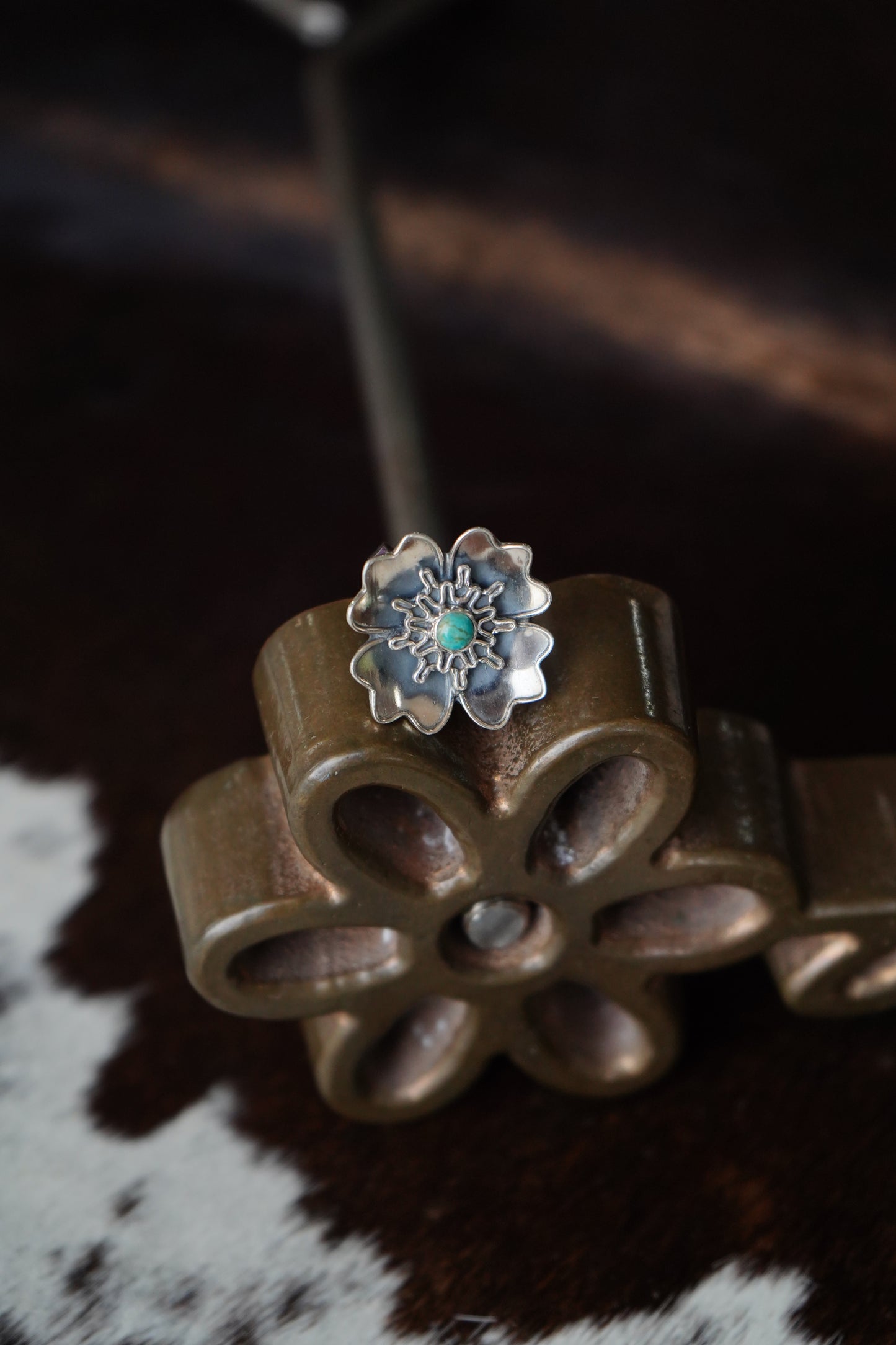 Turquoise & Opal Silver Flower Rings - Adj