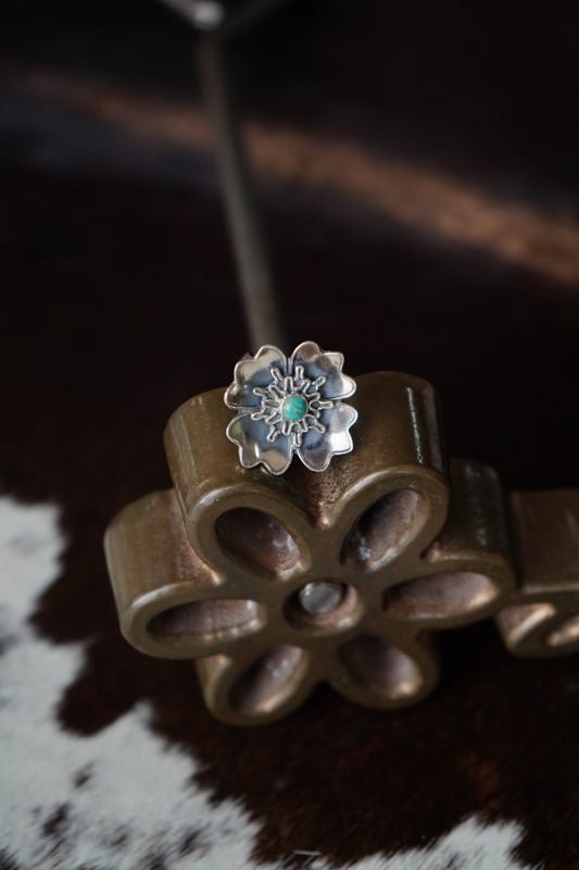 Turquoise & Opal Silver Flower Rings - Adj