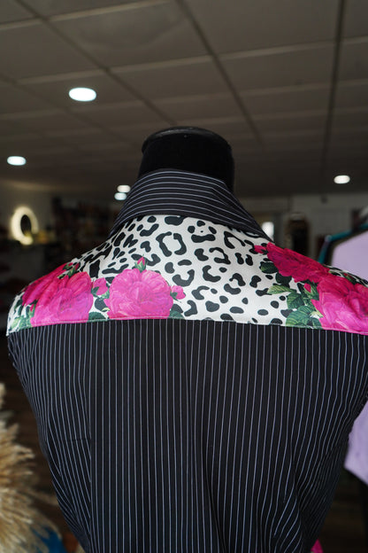 M - Pink Roses & Snow Leopard on B/W Stripe Cotton Button Down
