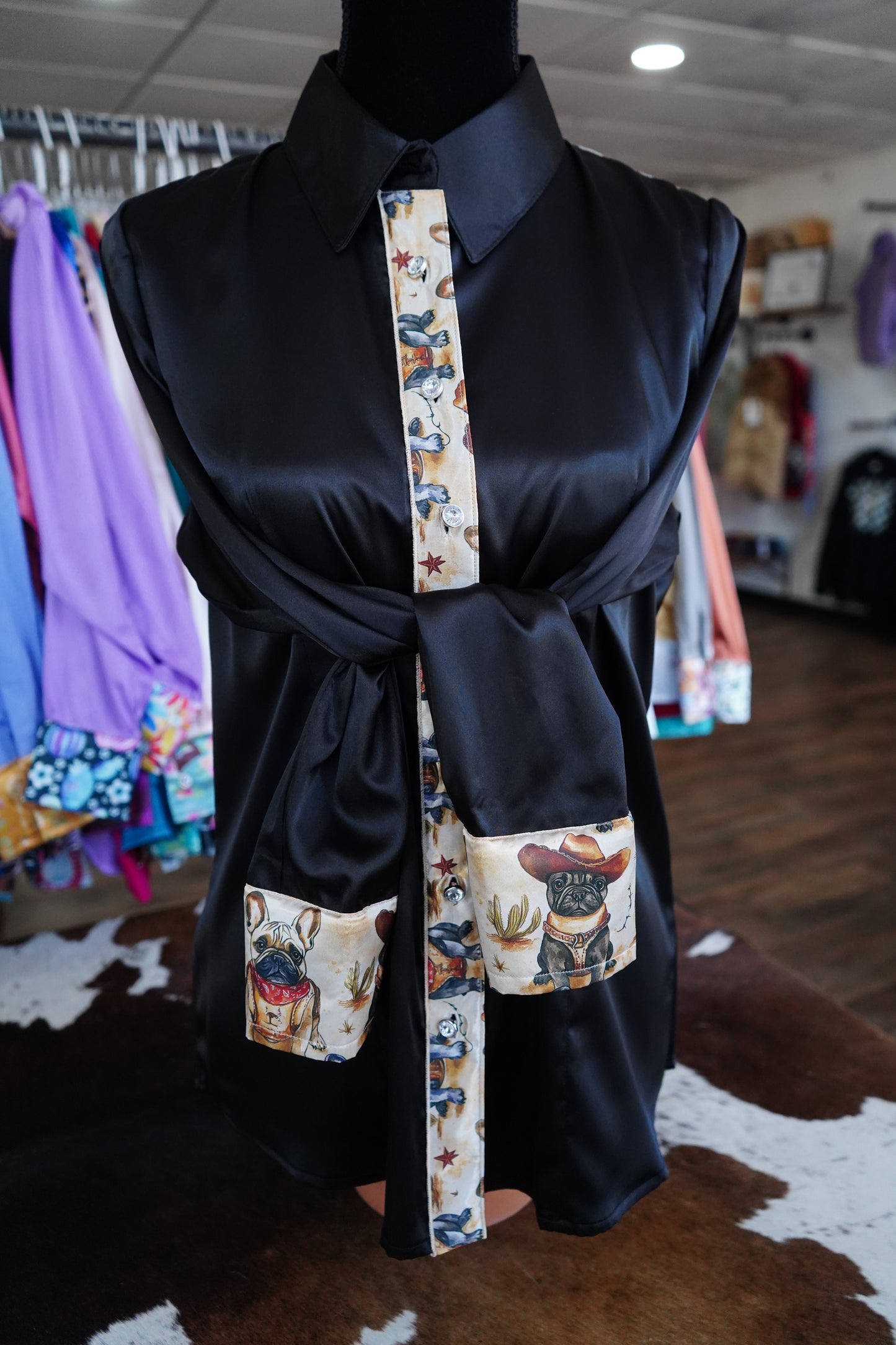 L - Cowboy Frenchies on Black Satin Button Down