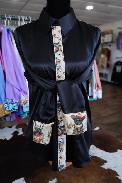 L - Cowboy Frenchies on Black Satin Button Down