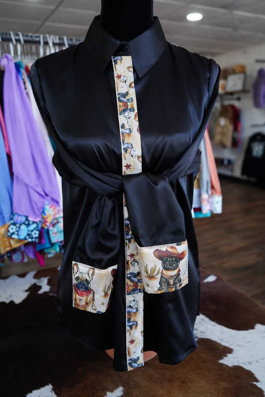 L - Cowboy Frenchies on Black Satin Button Down
