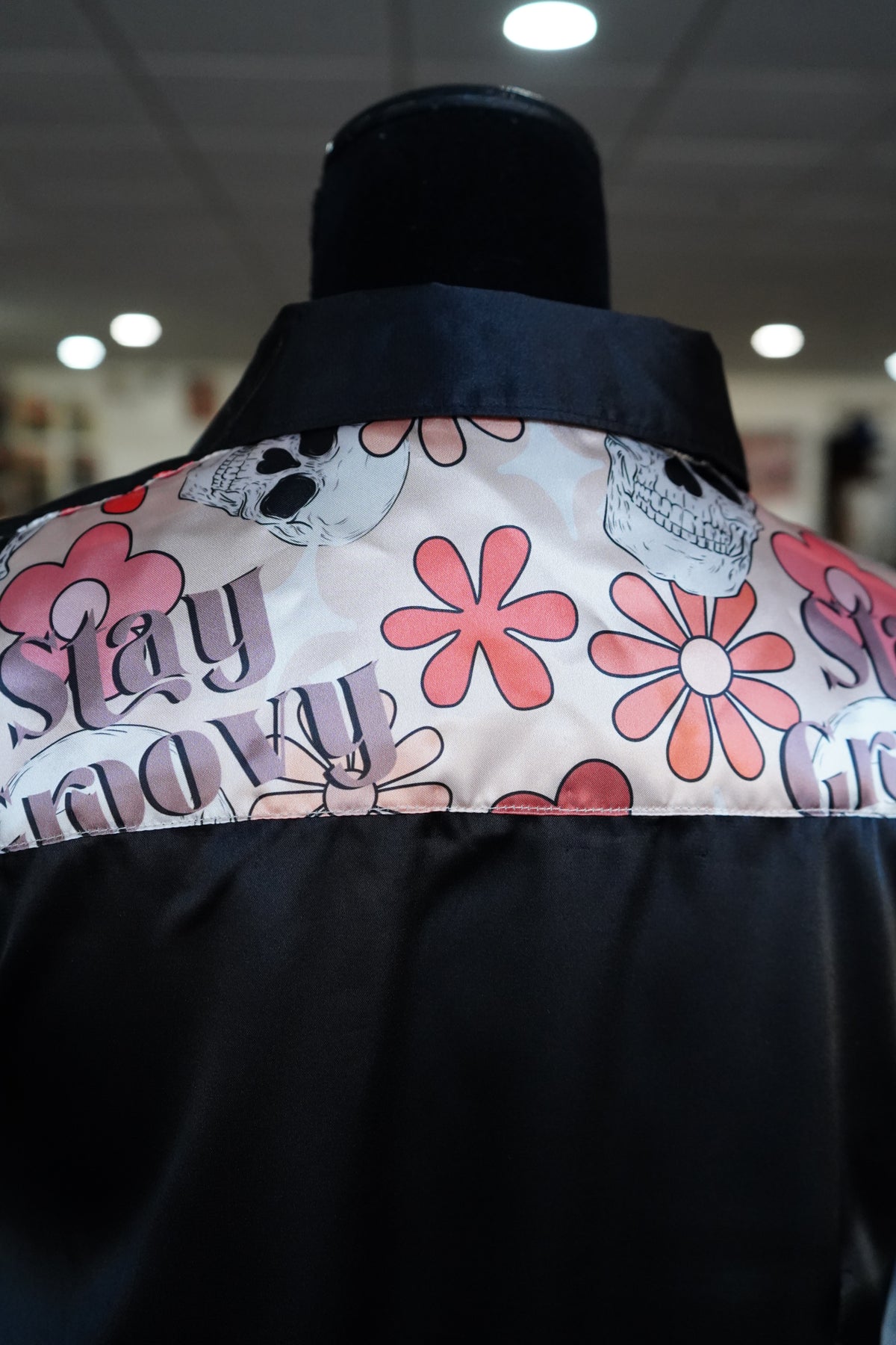 L - Stay Groovy on Black Satin Button Down