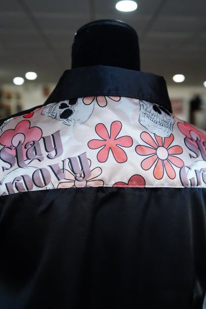 L - Stay Groovy on Black Satin Button Down