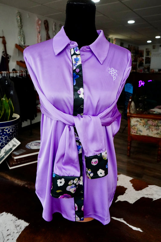 M - Black Floral Paw Prints on Lavender Zenana Button Down