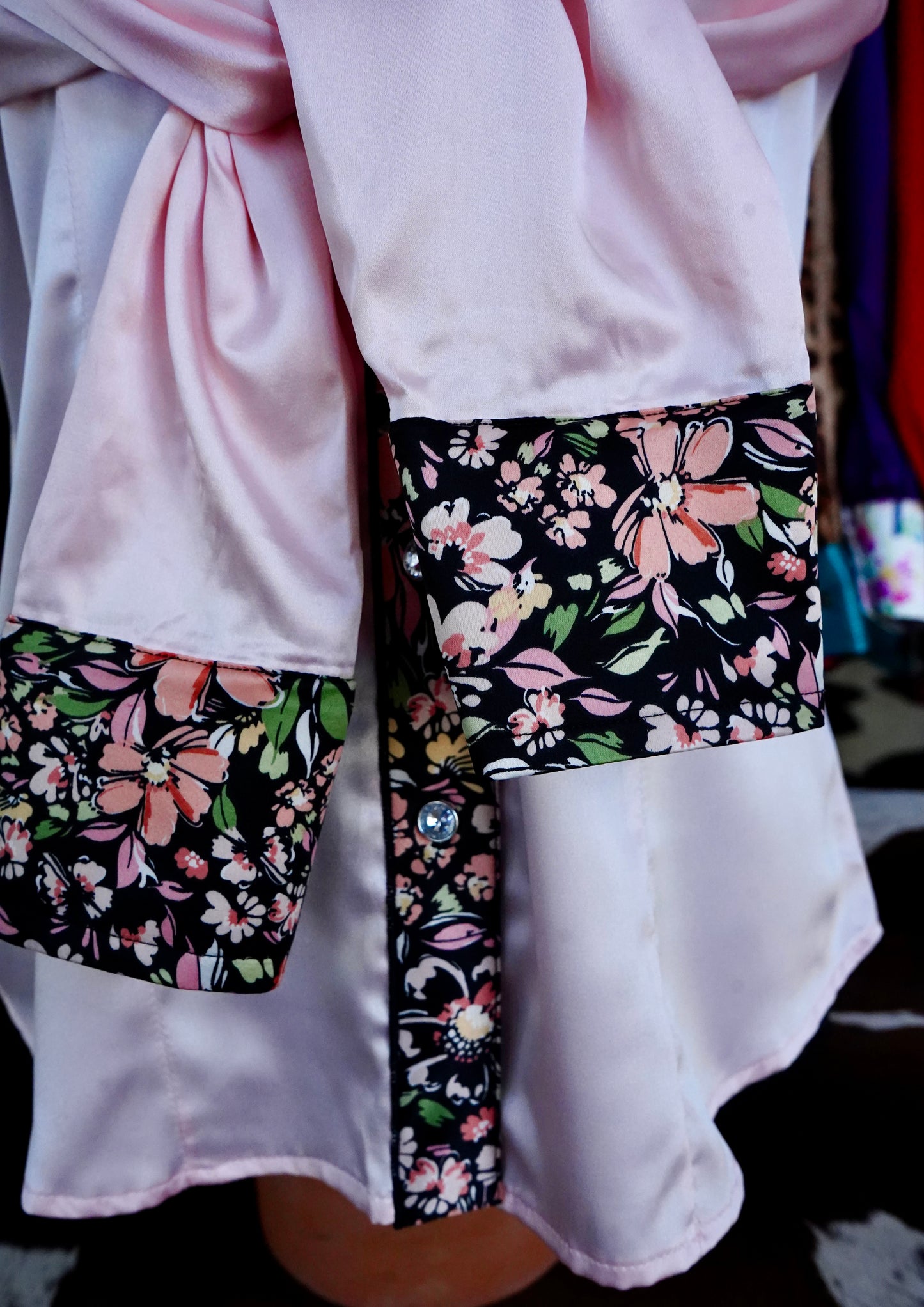 L - Black Spring Floral on Light Pink Satin Button Down