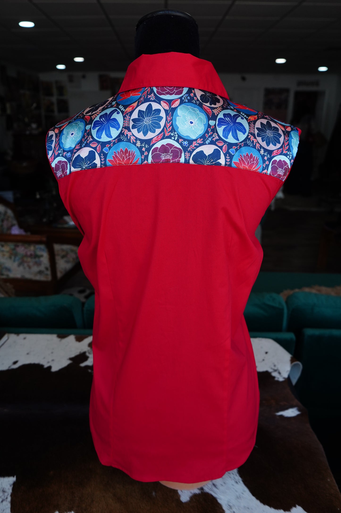 L - Patriotic Floral Patches on Red Cotton Button Down