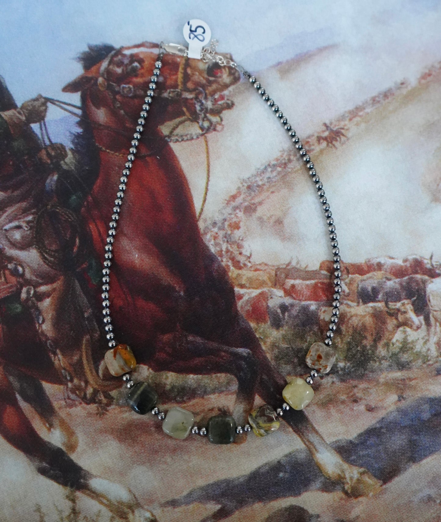 Sterling Silver Pearls w/ Bumbkebee Jasper Square Stones Necklace - 14”