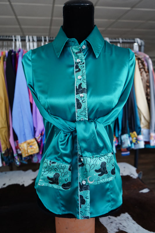 S - Mystic Cowboys on Emerald Satin Button Down