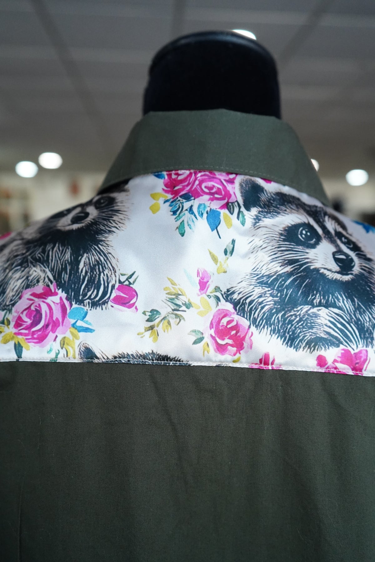 L - Pink Floral Raccoons on Olive Cotton Button Down
