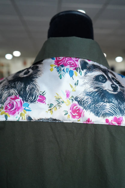 L - Pink Floral Raccoons on Olive Cotton Button Down