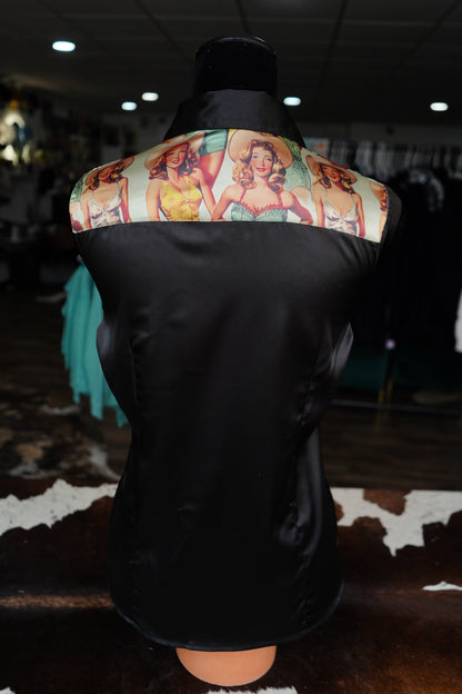 L - Sage Pinup Cowgals on Black Satin Button Down