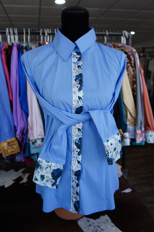 L - Navy Feather Floral on Blue Stripe Cotton Button Down