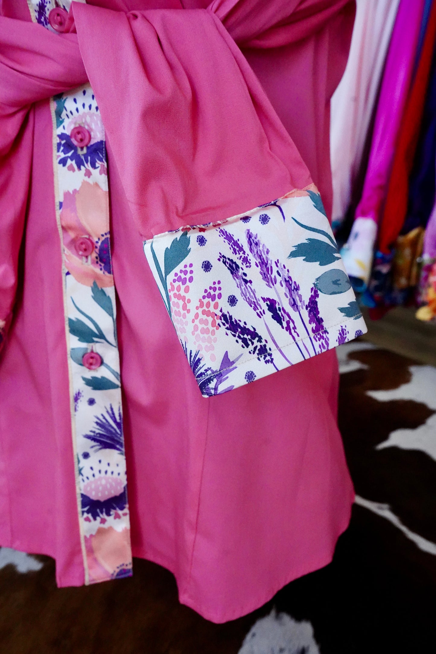 XL - Plum & Coral Floral on Hot Coral Button Down