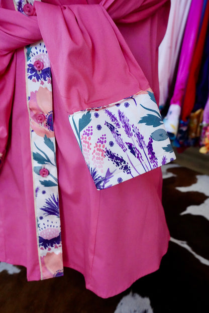 XL - Plum & Coral Floral on Hot Coral Button Down