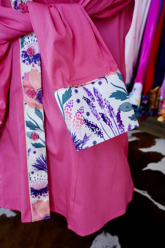 XL - Plum & Coral Floral on Hot Coral Button Down
