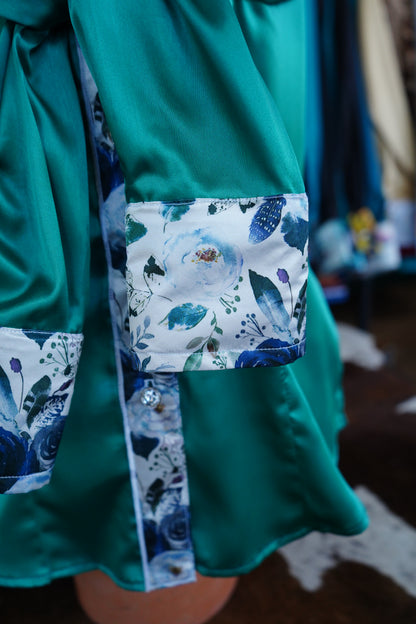 M - Navy Feather Floral on Emerald Satin Button Down