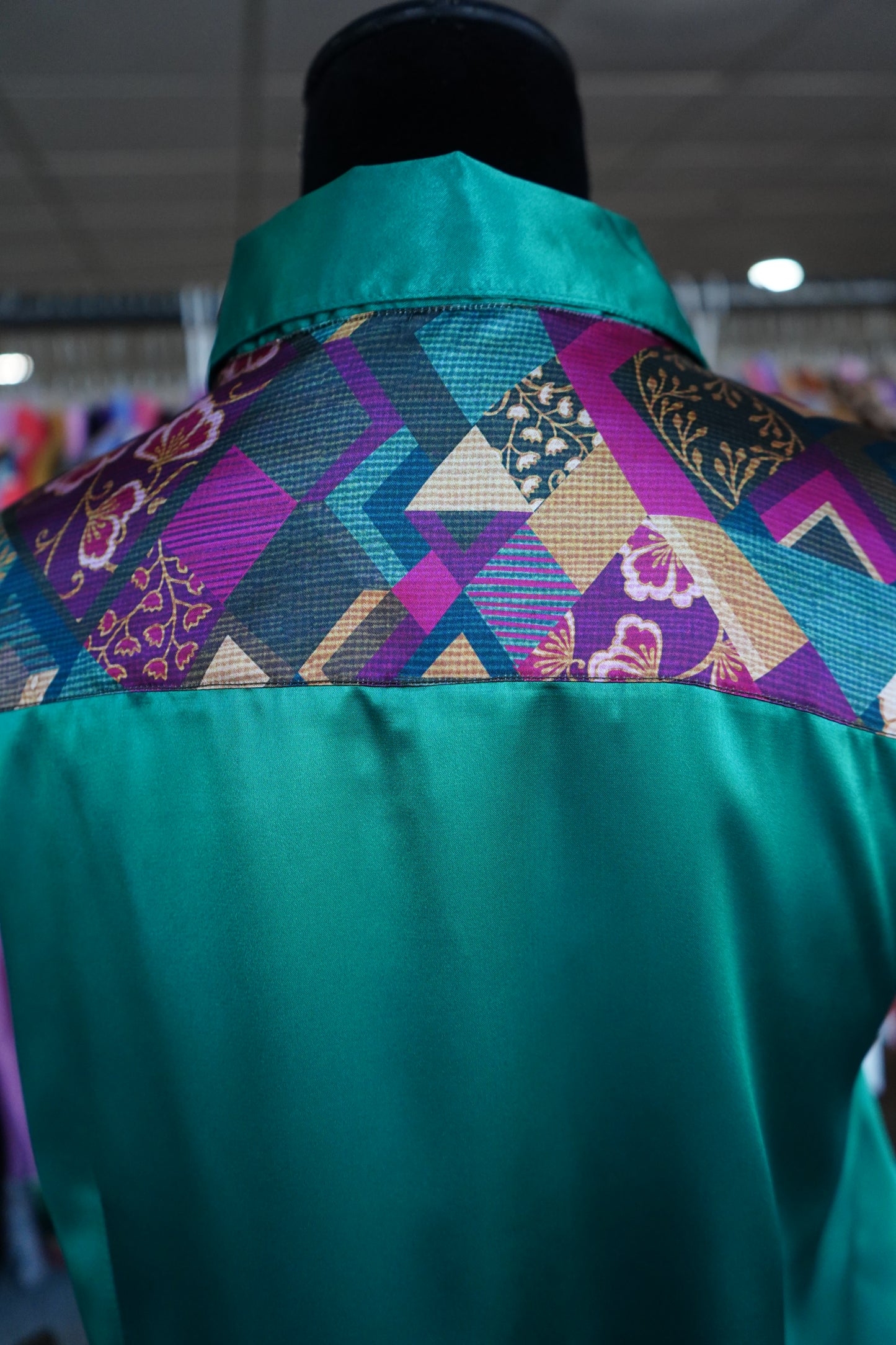 3XL - Magenta & Teal Quilt Tiles on Emerald Satin Button Down