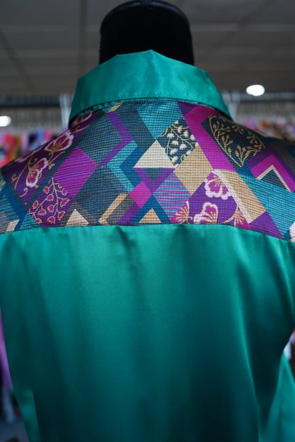 3XL - Magenta & Teal Quilt Tiles on Emerald Satin Button Down