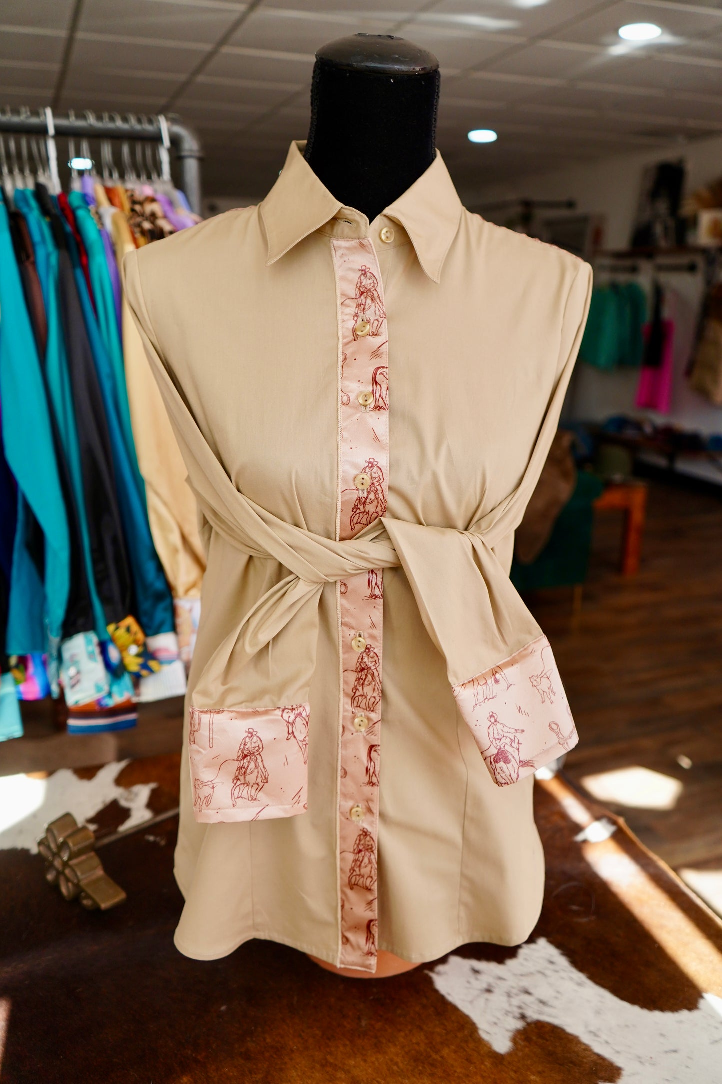 XL - Cowboy Sketches on Tan Cotton Button Down