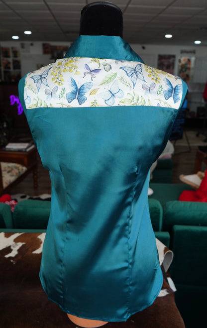 S - Butterflies & Leaves on Teal Satin Button Down