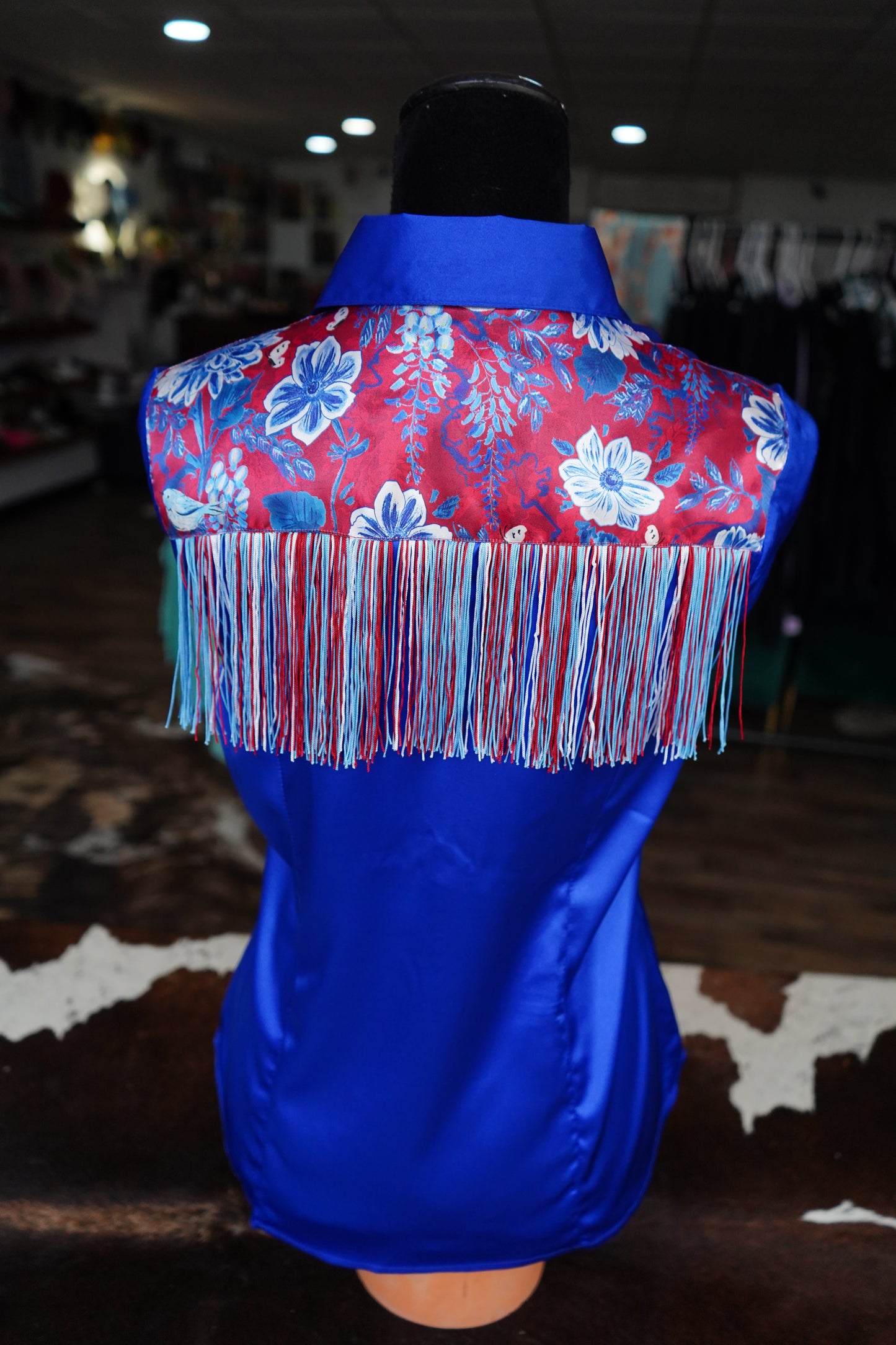 L - Sketched Deep Patriotic Floral on Royal Blue Satin Button Down w/ 3 Layer Fringe