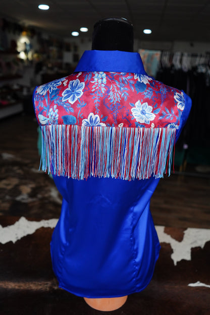 L - Sketched Deep Patriotic Floral on Royal Blue Satin Button Down w/ 3 Layer Fringe