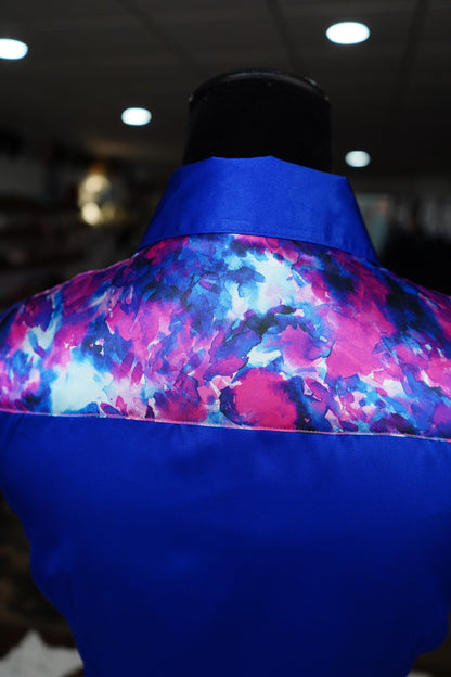 S - Hot Pink n Royal Blue Watercolor on Royal Blue Satin Button Down