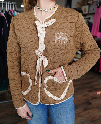 Daisy Spades - Embroidered Coffee Floral Heart Tie Front Jacket