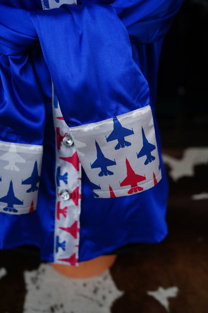 S - Military Planes on Royal Blue Satin Button Down