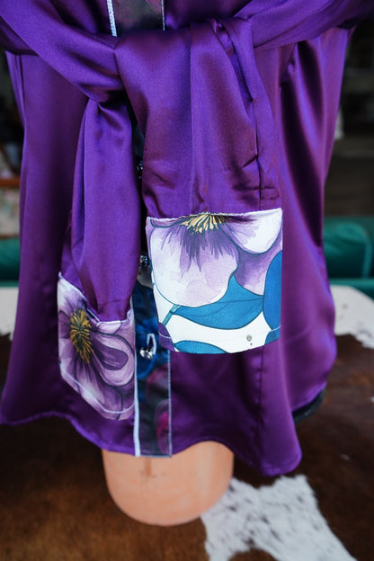 L - Large Purple Flowers on Purple Satin Button Down
