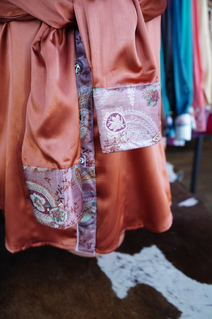 L - Mauve Boho Paisley on Rust Satin Button Down