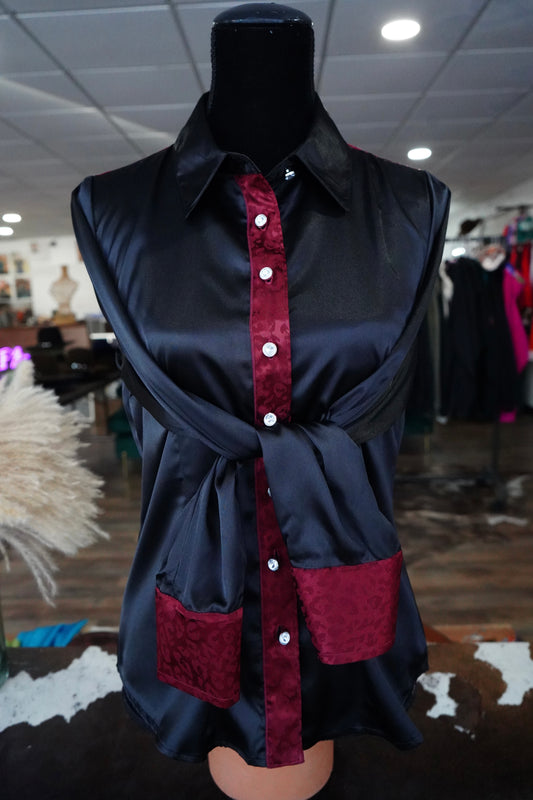 L - Maroon Jacquard Cheetah on Black Satin Button Down