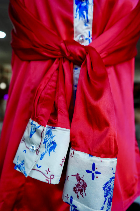 XL - Patriotic Buckers on Red Satin Button Down