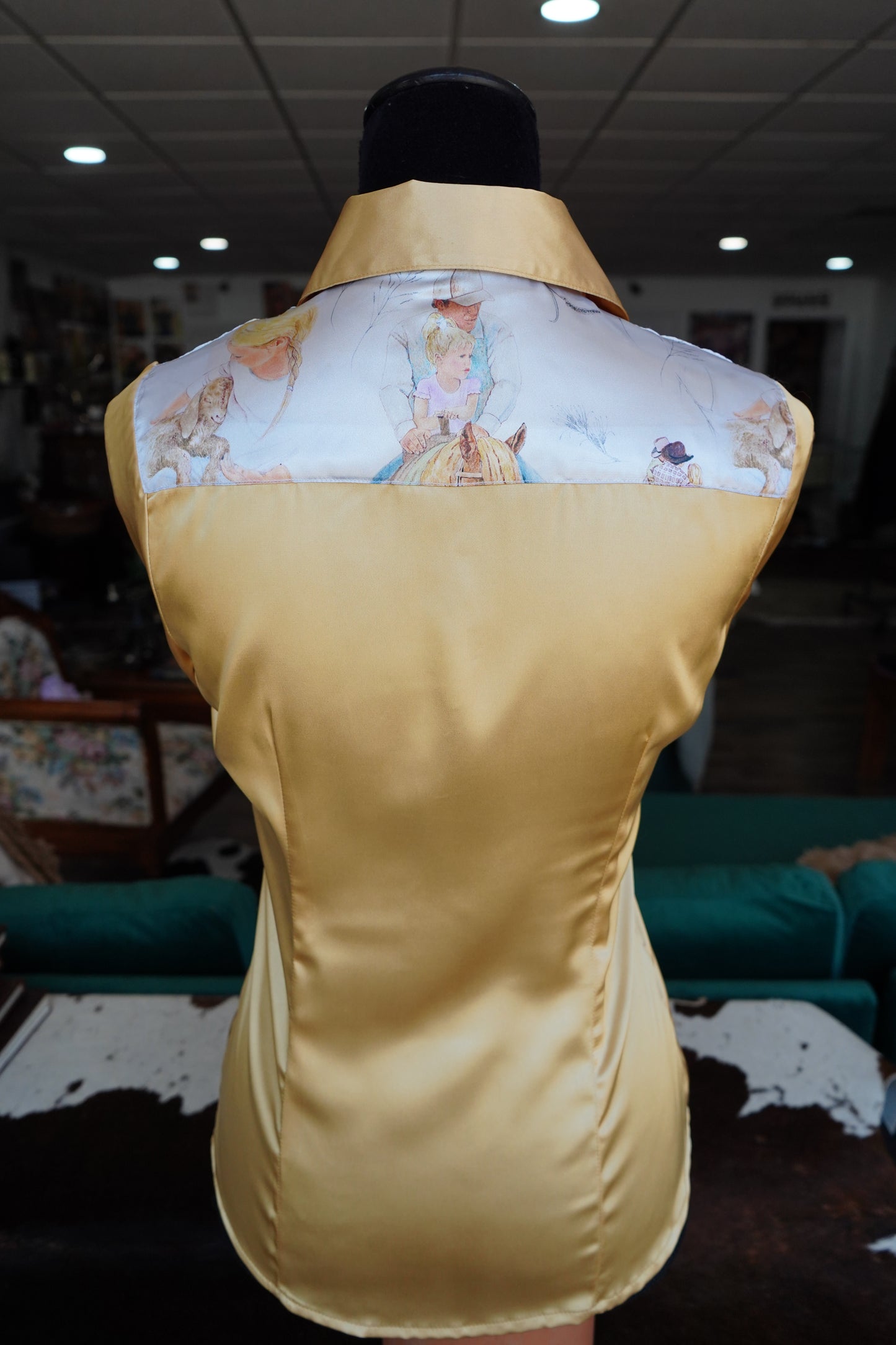 S - Raisin Cow Kids on Gold Satin Button Down