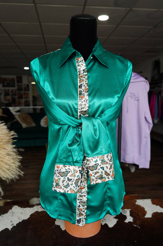 S - Cheetah Butterflies on Emerald Button Down