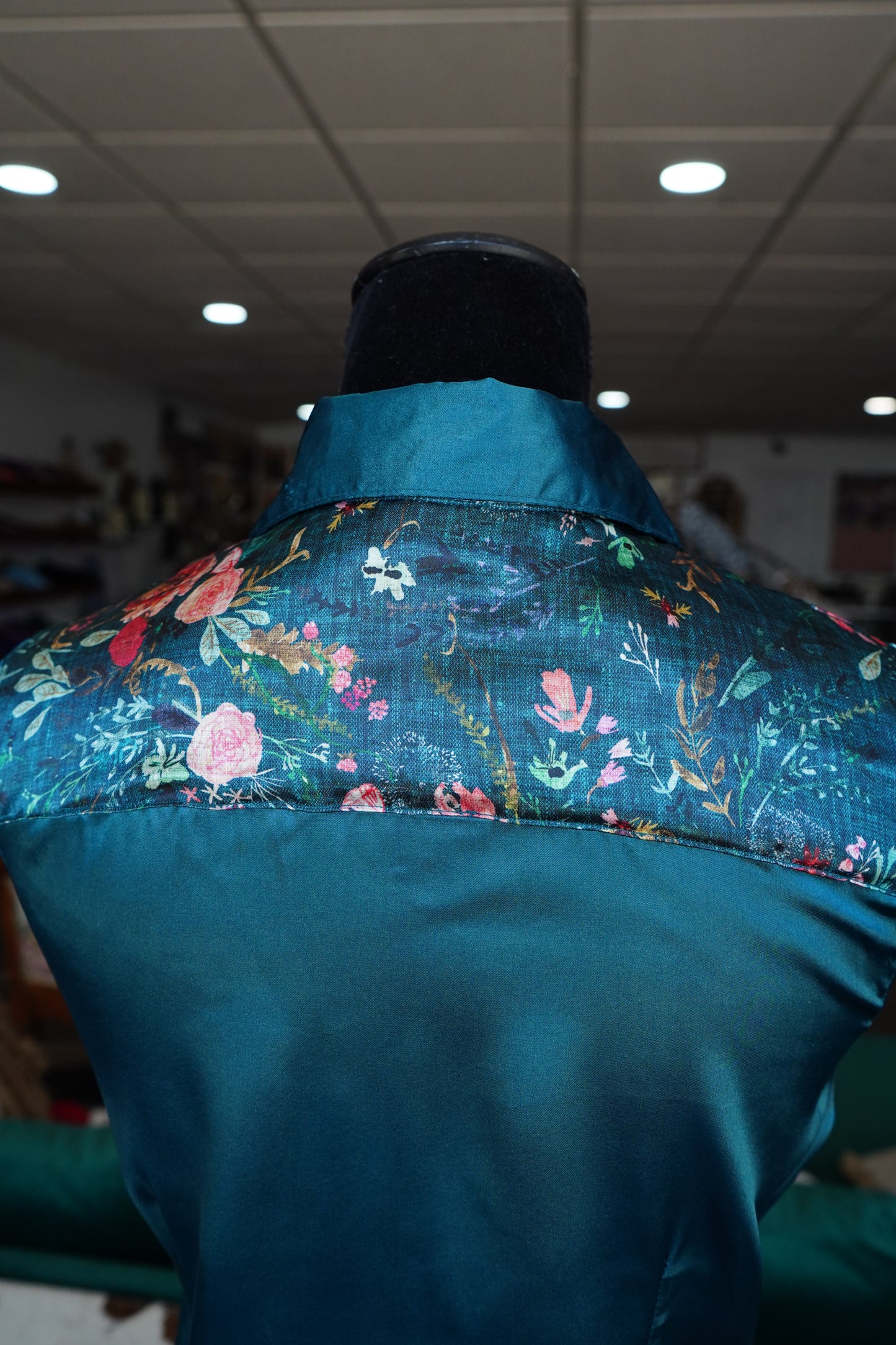 M - Navy Fable Floral on Teal Satin Button Down
