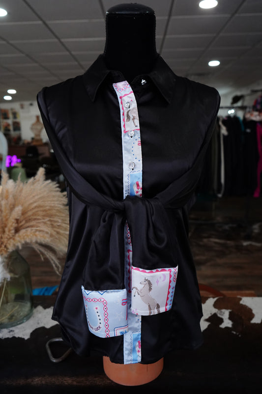 L - Pastel Cowgal Stamps on Black Satin Button Down