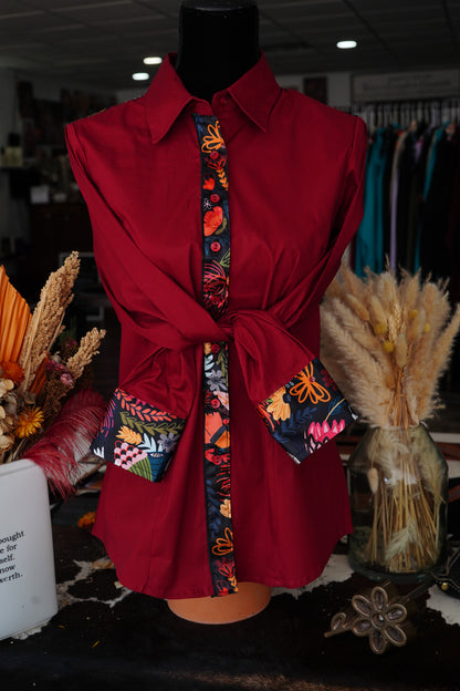 XL - Burgundy Cotton w/ Black Wildflowers Button Down