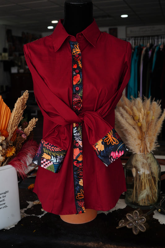 XL - Burgundy Cotton w/ Black Wildflowers Button Down