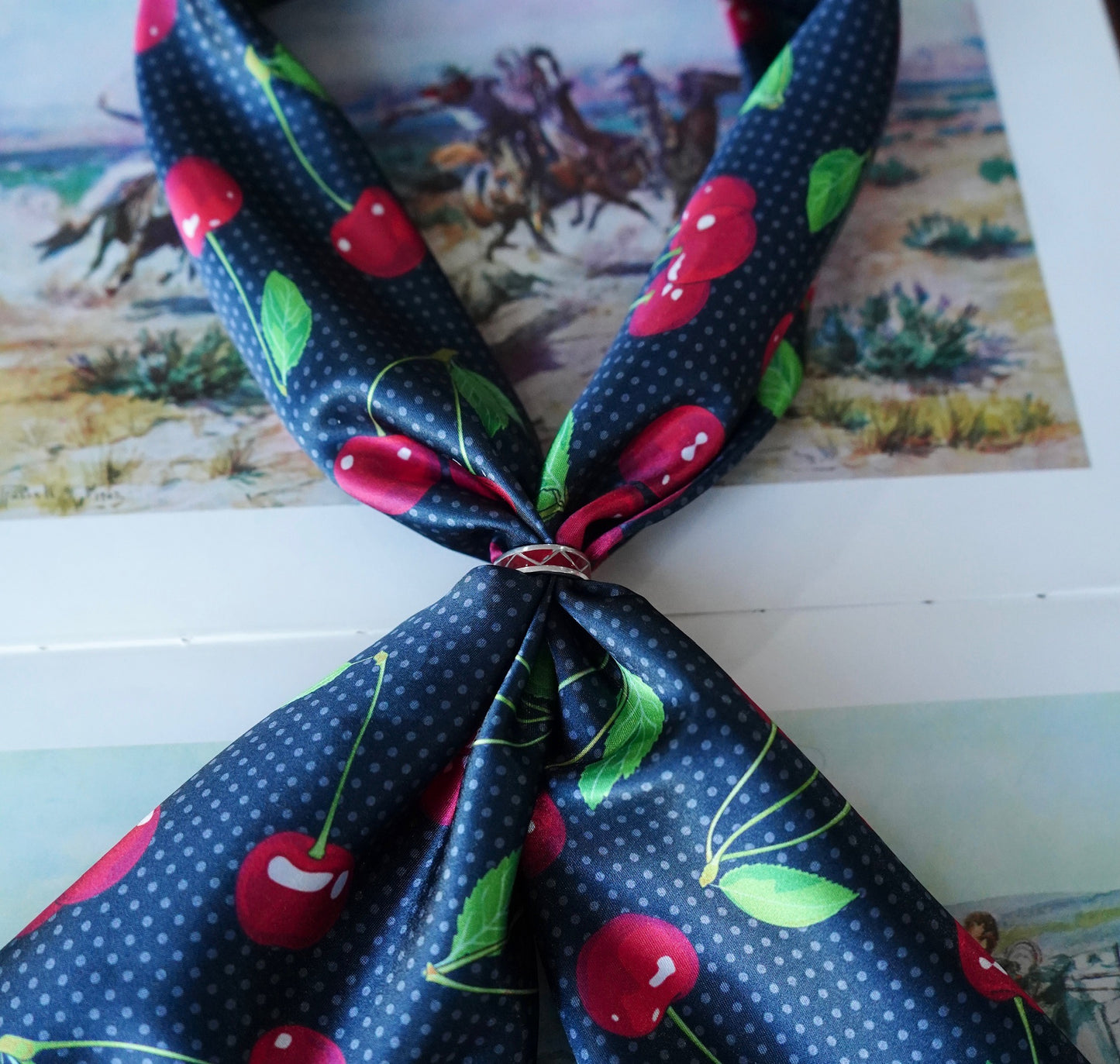 Cherry Pairs on Black & Gray Polka Dots Wild Rag