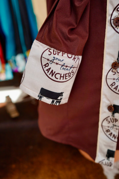 M - Support Your Local Ranchers on Brown Cotton Button Down