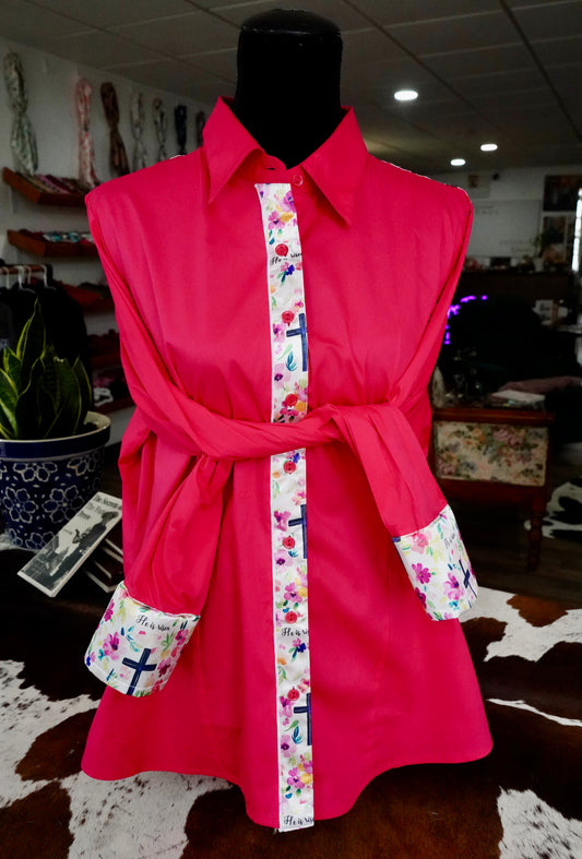 3XL - He Is Risen on Hot Pink Cotton Button Down