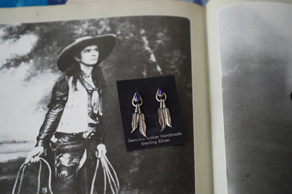Vintage Hematite Feather Dangle Stud Earrings