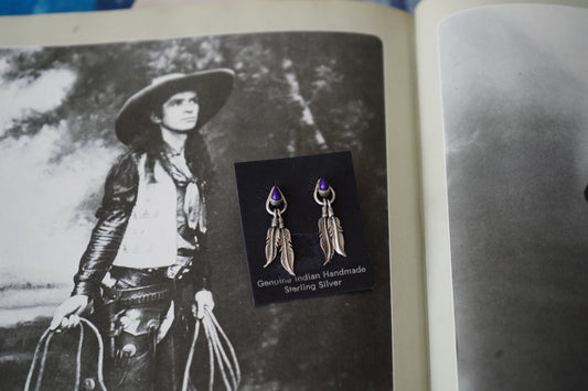 Vintage Hematite Feather Dangle Stud Earrings