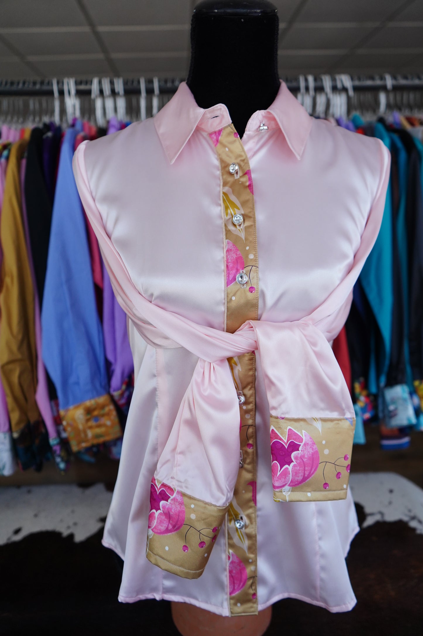 L - Gold & Pink Floral on Light Pink Satin Button Down